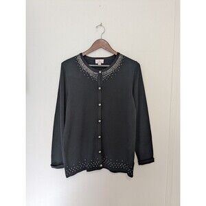 Quacker Factory Cardigan Sweater S Cotton Bl Black Sparkle Rhinestone Crew Neck